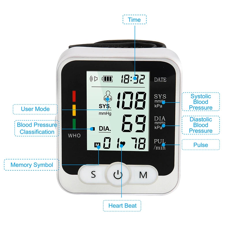 Digital Wrist Blood Pressure Monitor Heart Rate Pulse Meter